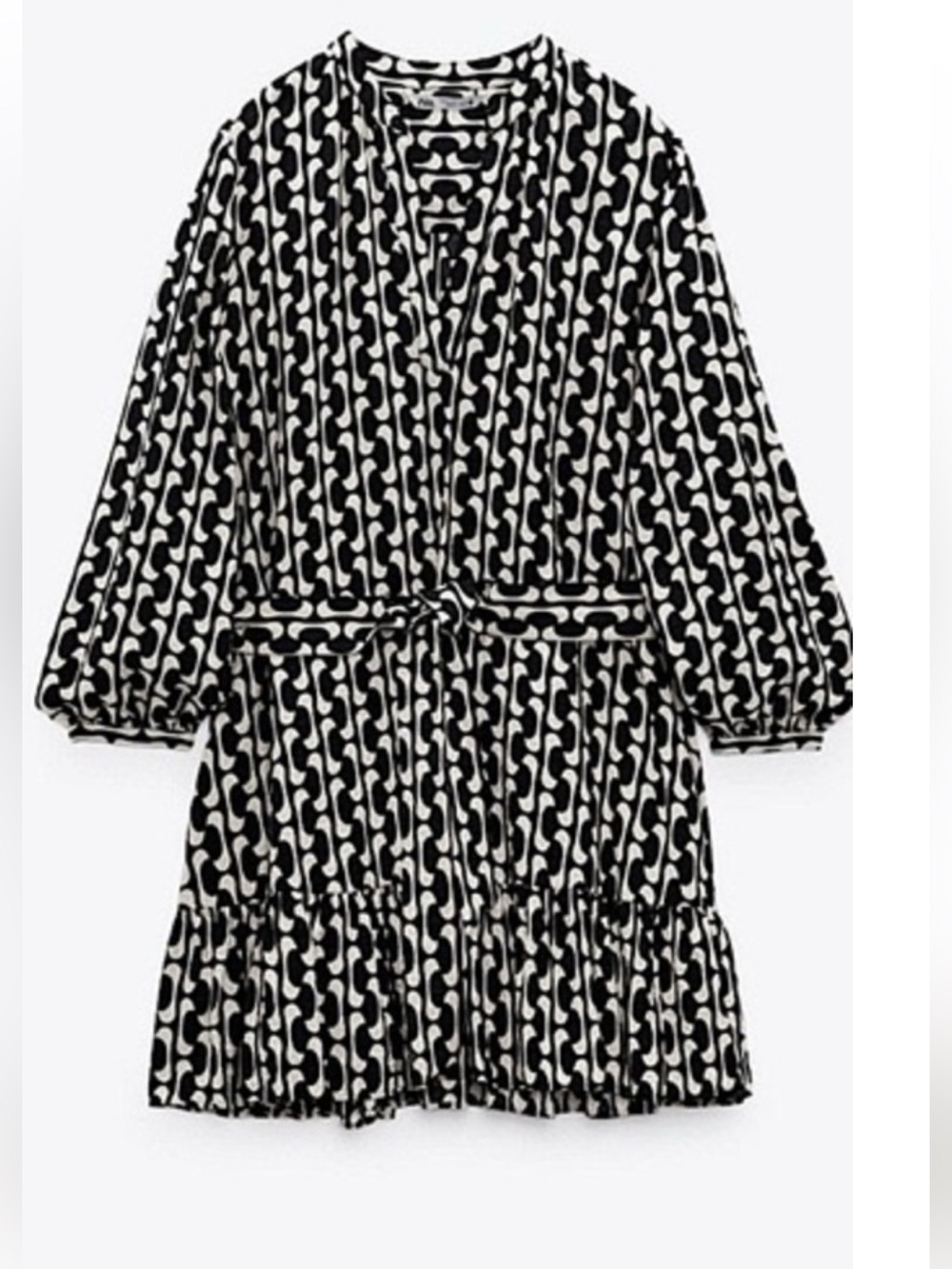 Zara Black & Ivory Geo Print Long Sleeve Mini Dress